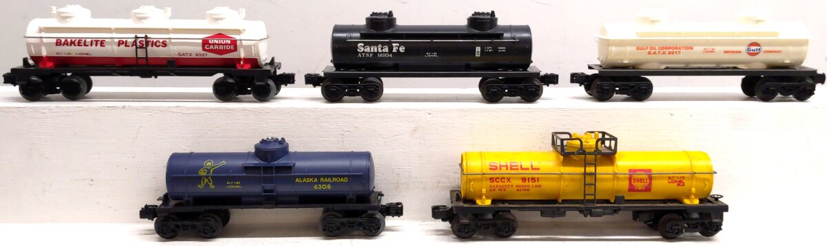Lionel Assorted O Gauge Tank Cars: 6317, 16104, 9151, 6308, 9327 [5] VG/Box