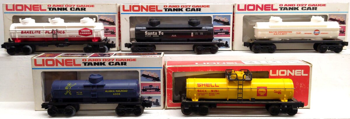 Lionel Assorted O Gauge Tank Cars: 6317, 16104, 9151, 6308, 9327 [5] VG/Box