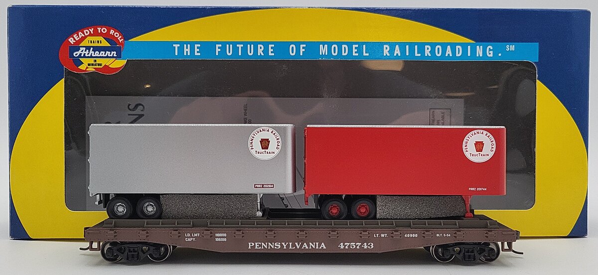 Athearn 92354 HO Scale Pennsylvania #475743 50' Flatcar With Two 25' Trailers LN/Box