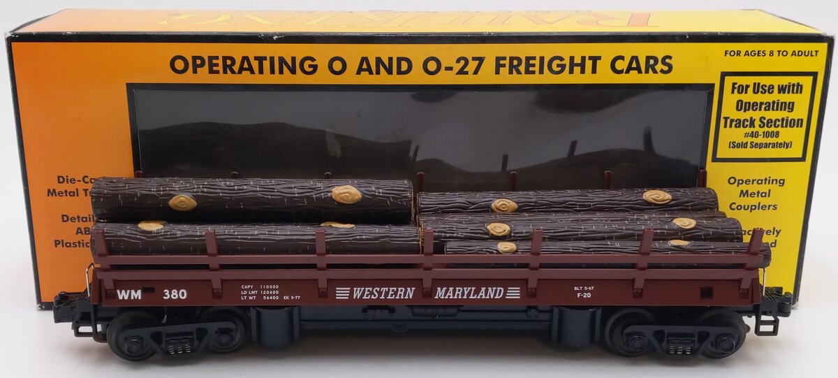MTH 30-7648 O Gauge Western Maryland Operating Log Car w/ Logs #380 EX/Box