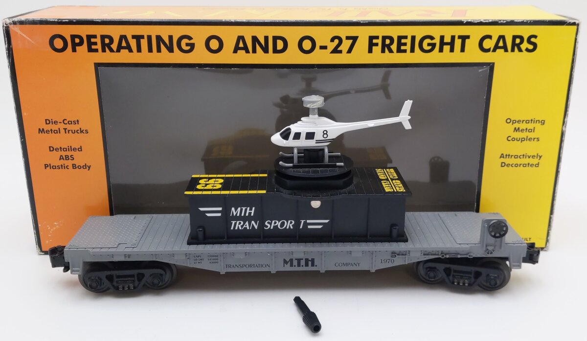 MTH 30-7658 O Gauge MTH Flatcar w Operating Helicopter VG/Box