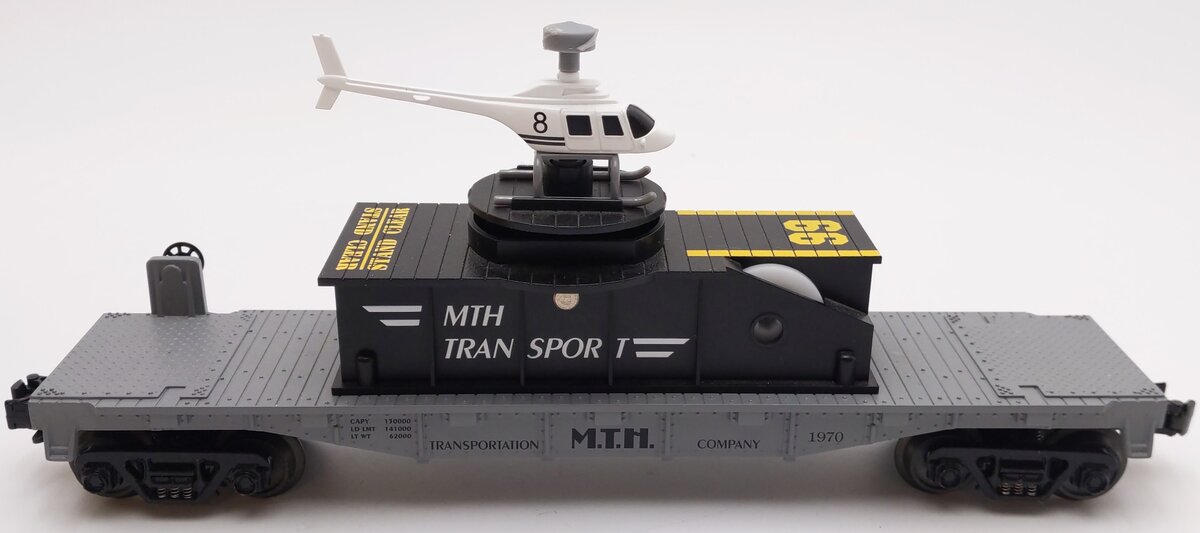 MTH 30-7658 O Gauge MTH Flatcar w Operating Helicopter VG/Box
