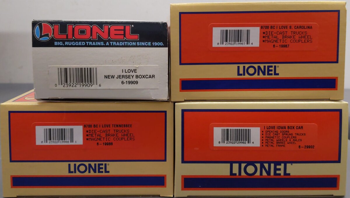 Lionel Assorted O Gauge "I Love" Boxcars: 19909, 19988, 19987, 29902 [4] LN/Box