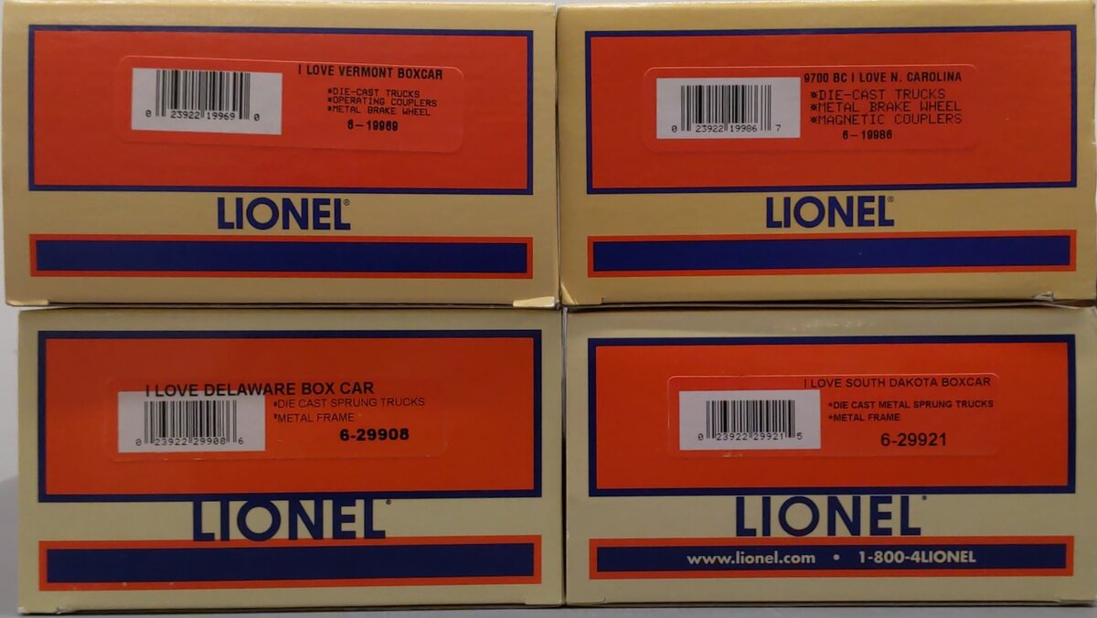 Lionel Assorted O Gauge "I Love" Boxcars: 19969, 19986, 29908, 29921 [4] LN/Box