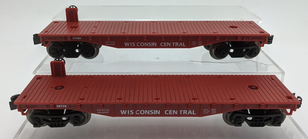 Menards O Gauge Wisconsin Central Flatcars (2): #50770 & #51103 VG