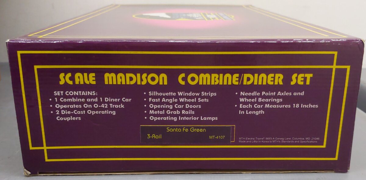 MTH 20-4107 O Santa Fe 70' Madison Combine/Diner Passenger Car Set (Set of 2) VG/Box