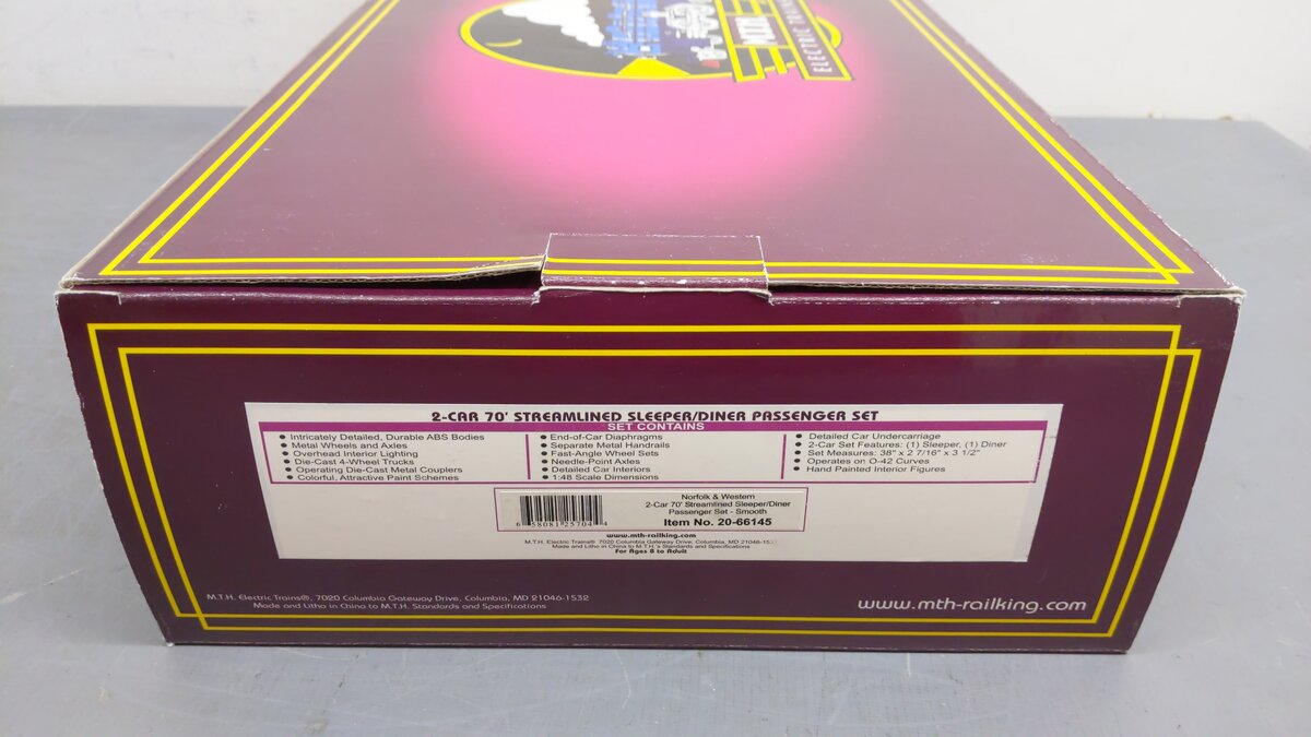 MTH 20-66145 O Norfolk & Western 70’ ABS Slpr/Diner Passenger Car Set (Set of 2) EX/Box