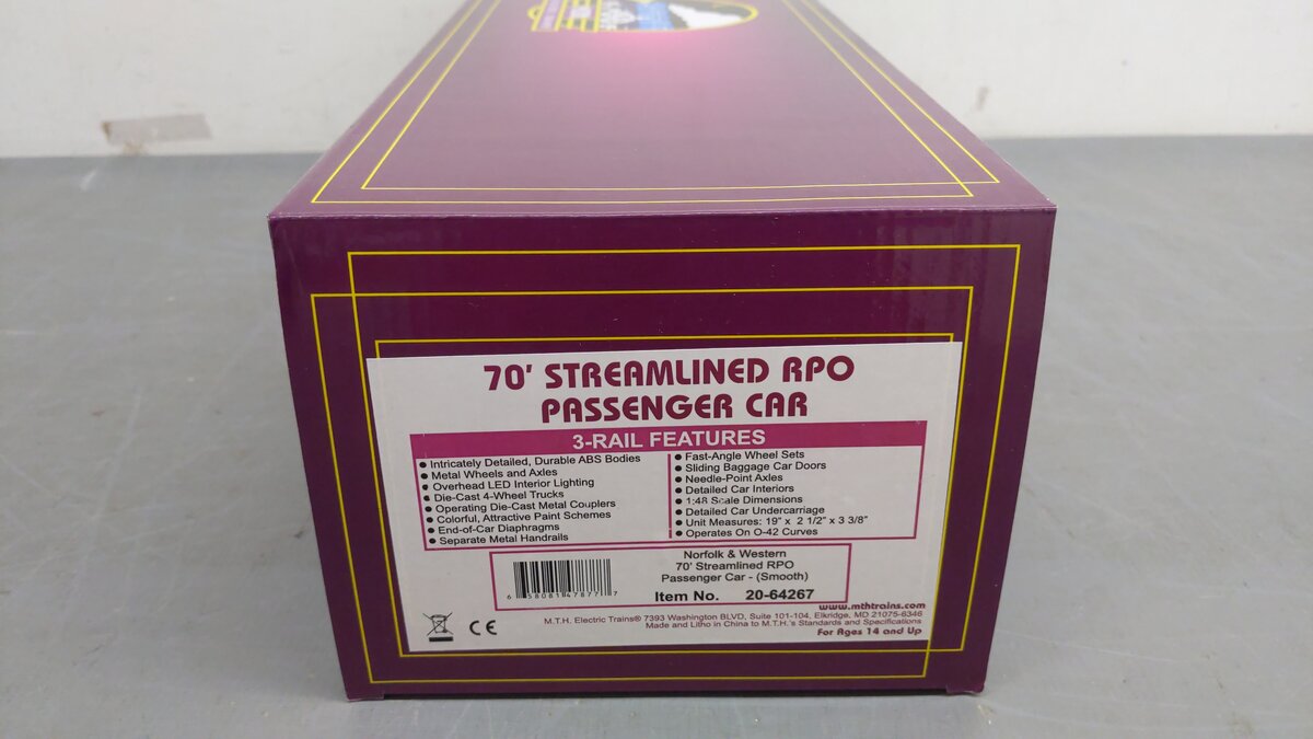 MTH 20-64267 O Norfolk & Western 70' Streamlined RPO Passenger Car EX/Box