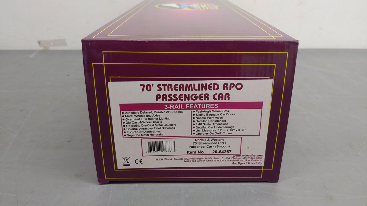 MTH 20-64267 O Norfolk & Western 70' Streamlined RPO Passenger Car EX/Box