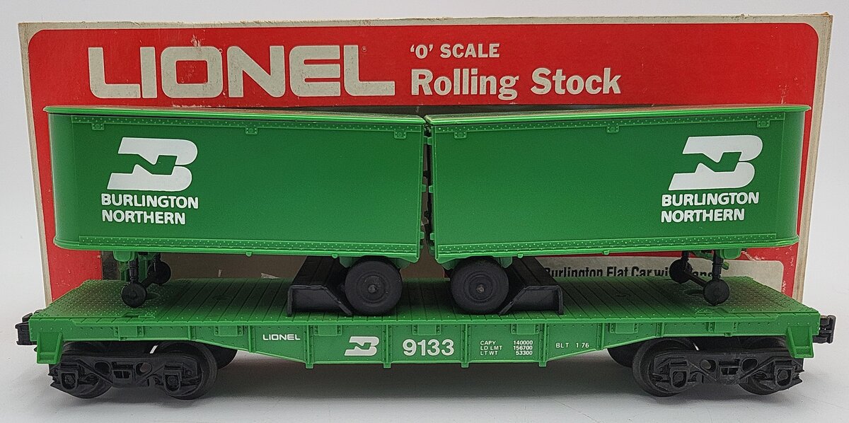 Lionel 6-9133 O Gauge Burlington Northern Flatcar #9133 with Trailers EX/Box