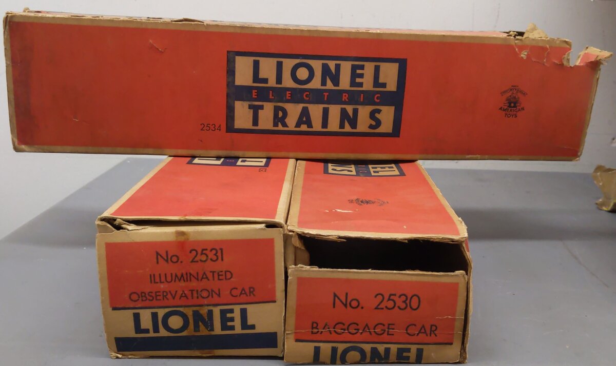 Lionel Vintage O Gauge Lionel Lines Aluminum Passenger Cars: 2530, 2531, 2534 VG/Box