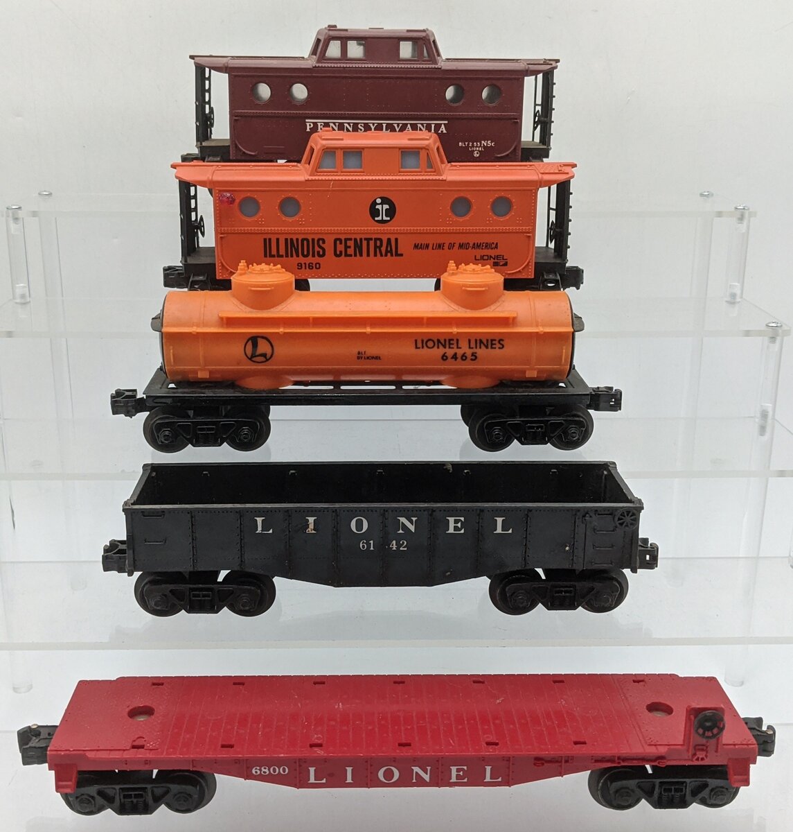 Lionel O gauge Assorted Freight Cars (5): #6437, #6800 #6465, #6142, & #9160