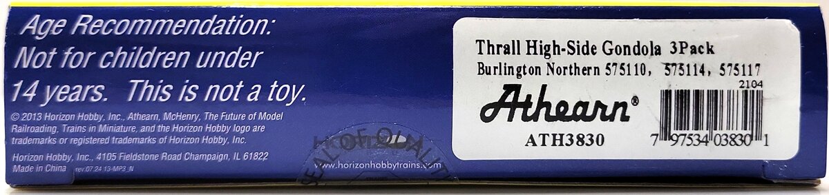 Athearn 3830 N Burlington Northern Thrall High Side Gondola w/Load #2 (3) MT/Box
