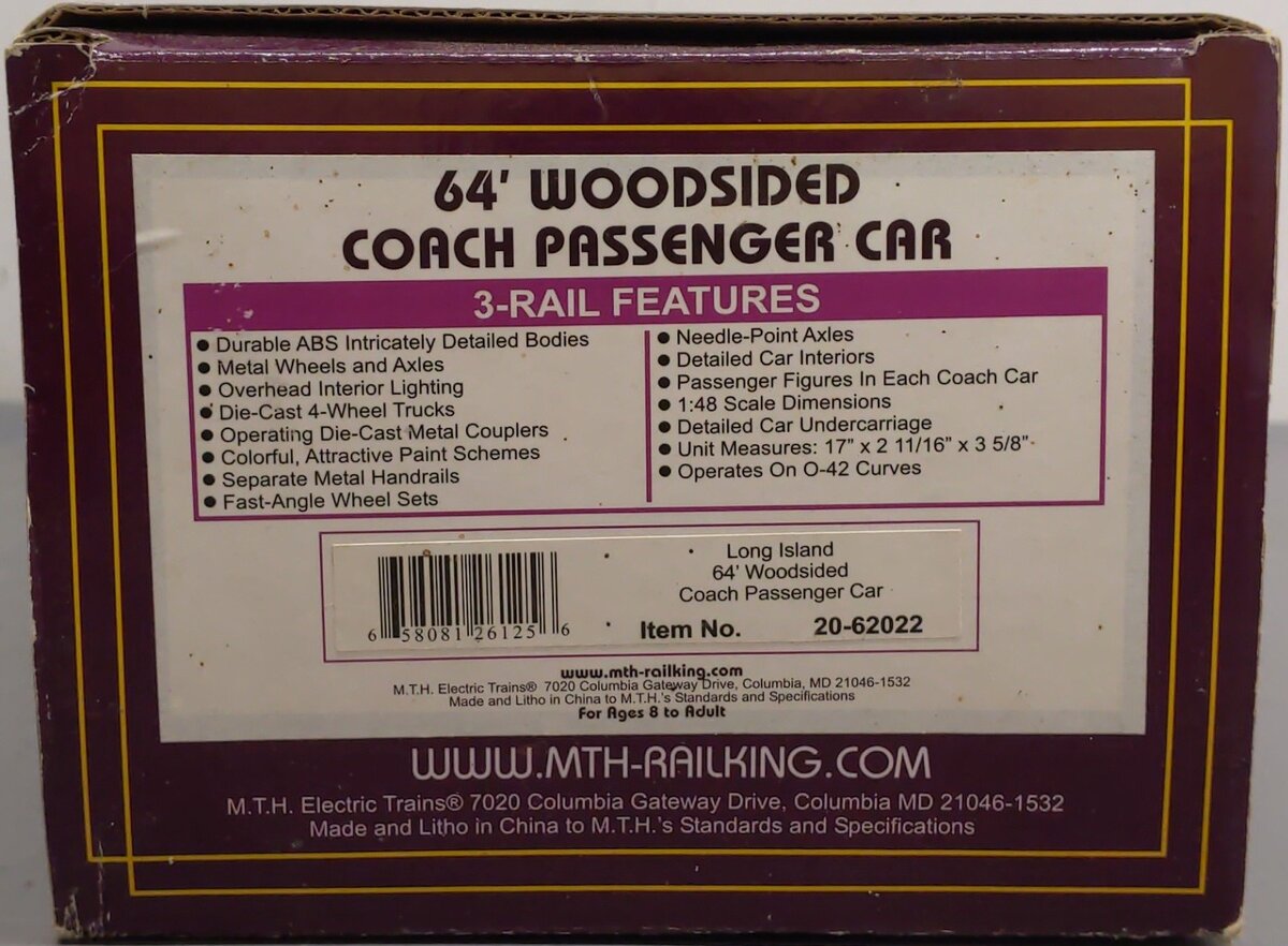 MTH 20-62022 O Gauge Long Island 64’ Woodsided Coach Car EX/Box