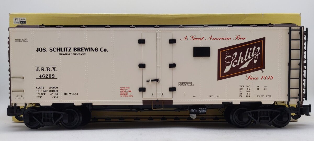 Aristo-Craft 46202 G Scale Schlitz Refrigerator Car (Plastic Wheels) EX/Box