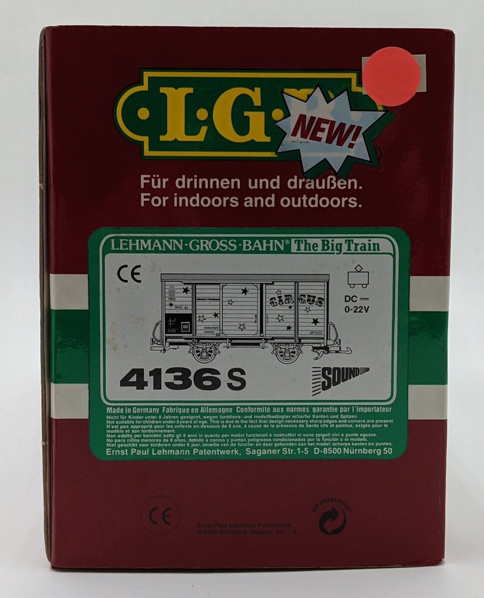 LGB 4136S G Scale Circus Sound Car w/Sound & Metal Wheels EX/Box