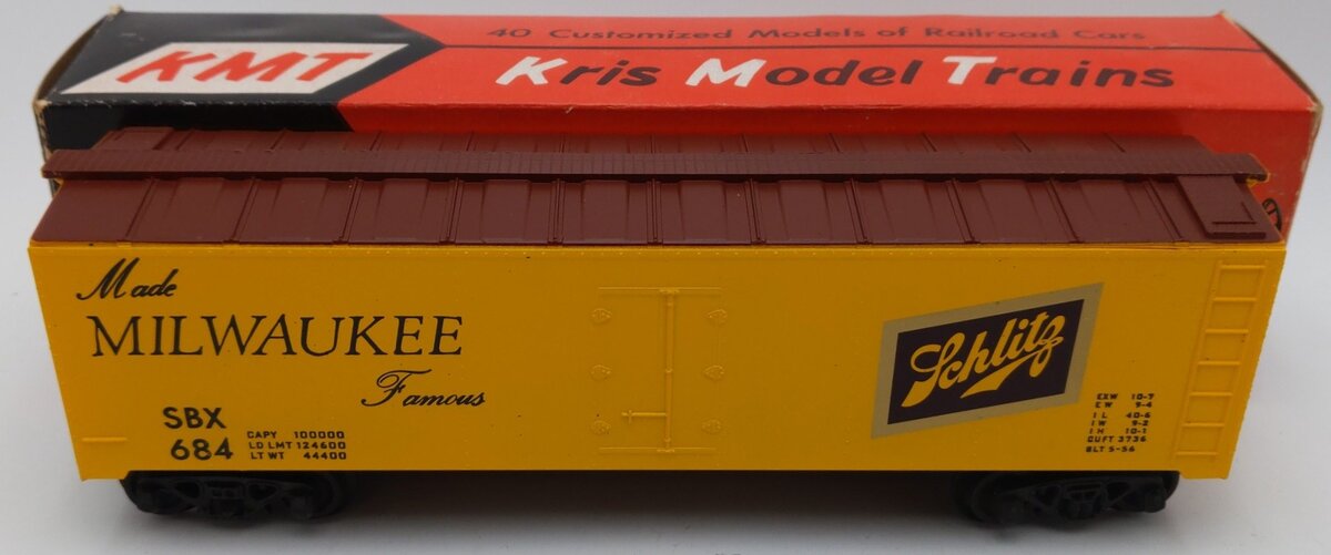 KMT 684 O Gauge Schlitz Yellow Box Car VG/Box