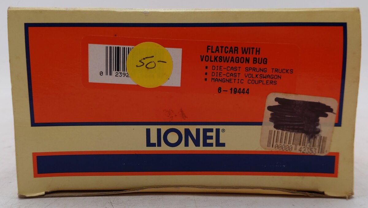 Lionel 6-19444 O Gauge Peace Auto Sales Flatcar with Volkswagen Bug EX/Box