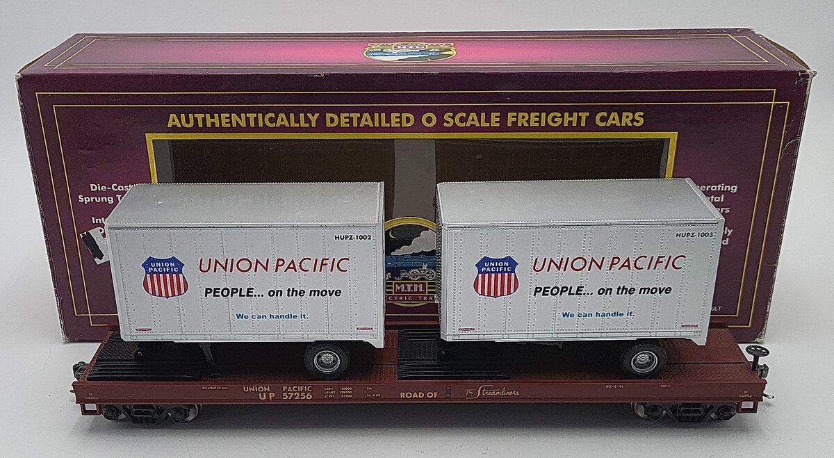 MTH 20-98107 O Scale Union Pacific Flatcar w/2 Short Trailers #57256 2-Rail EX/Box