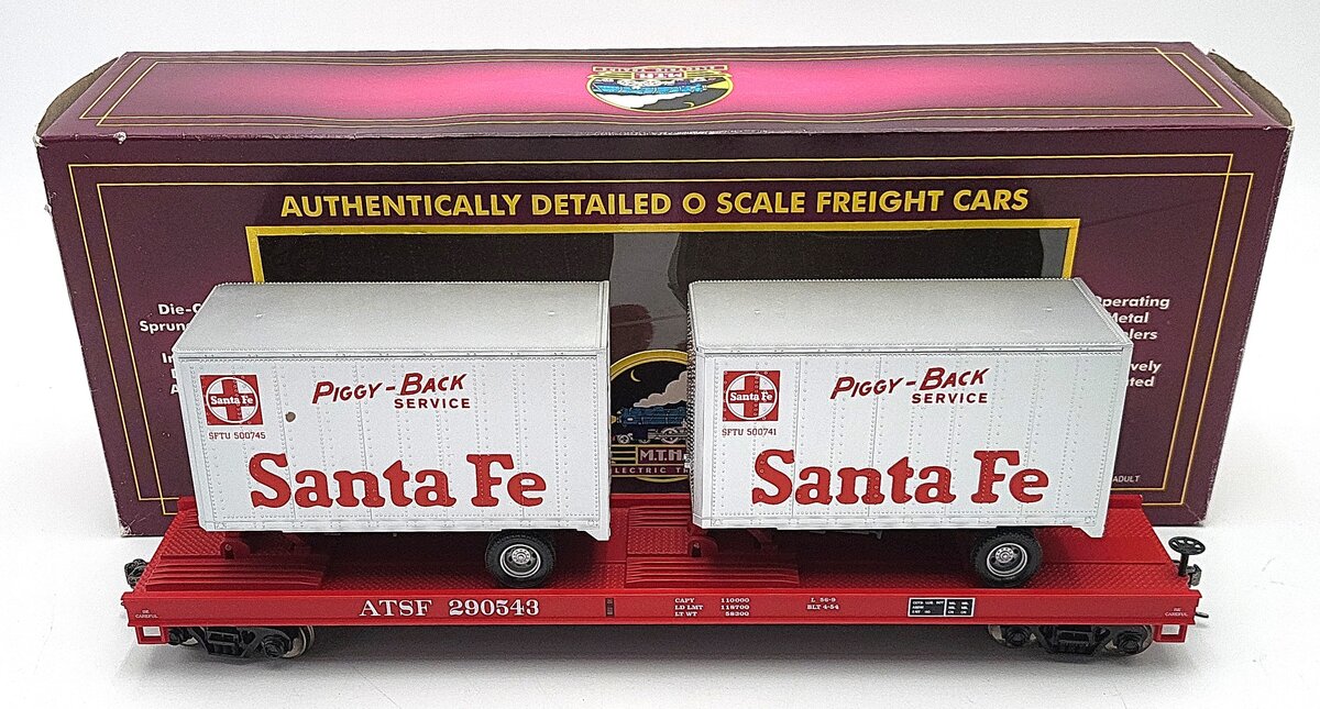 MTH 20-98111 Santa Fe Flatcar with 2 Santa Fe Trailers (2-Rail) EX/Box