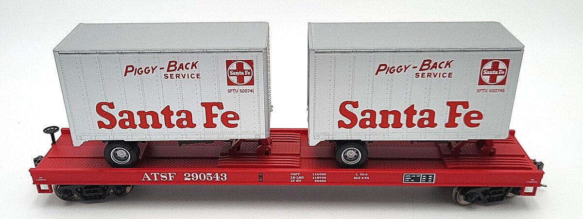 MTH 20-98111 Santa Fe Flatcar with 2 Santa Fe Trailers (2-Rail) EX/Box