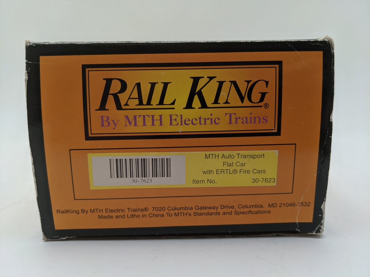 MTH 30-7623 O Gauge MTH Auto Transport Flatcar with 2 Ertl Fire Cars EX/Box