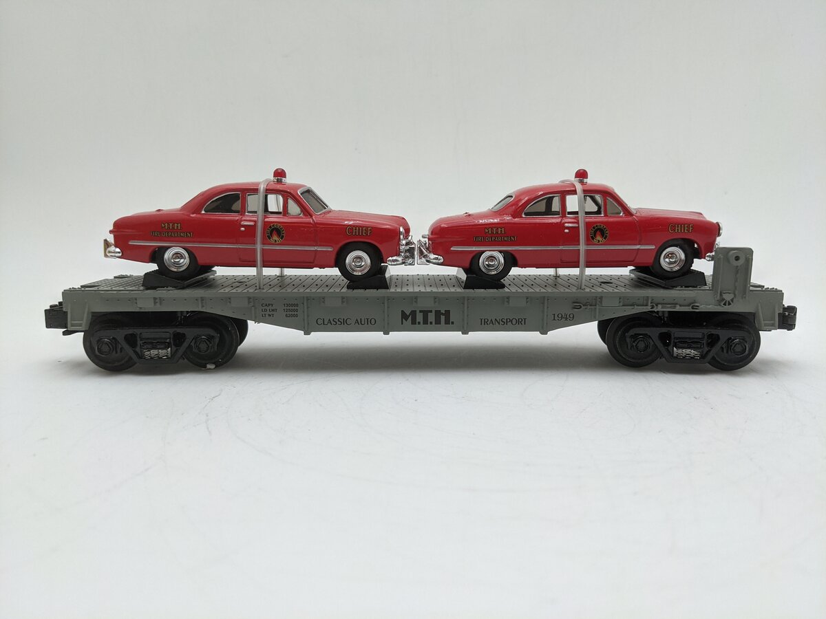 MTH 30-7623 O Gauge MTH Auto Transport Flatcar with 2 Ertl Fire Cars EX/Box