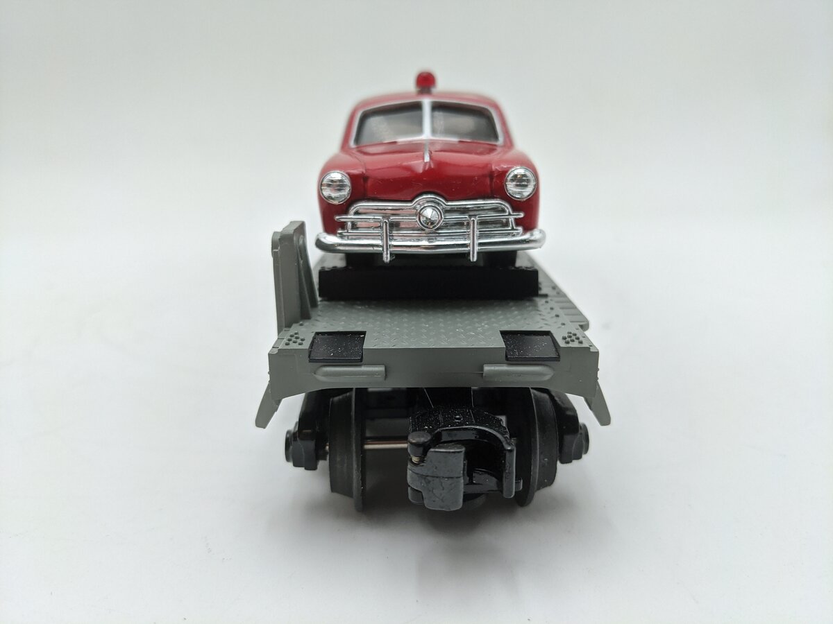 MTH 30-7623 O Gauge MTH Auto Transport Flatcar with 2 Ertl Fire Cars EX/Box