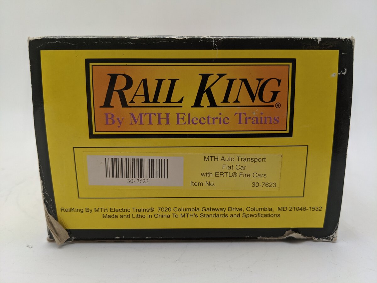 MTH 30-7623 O Gauge MTH Auto Transport Flatcar with 2 Ertl Fire Cars EX/Box