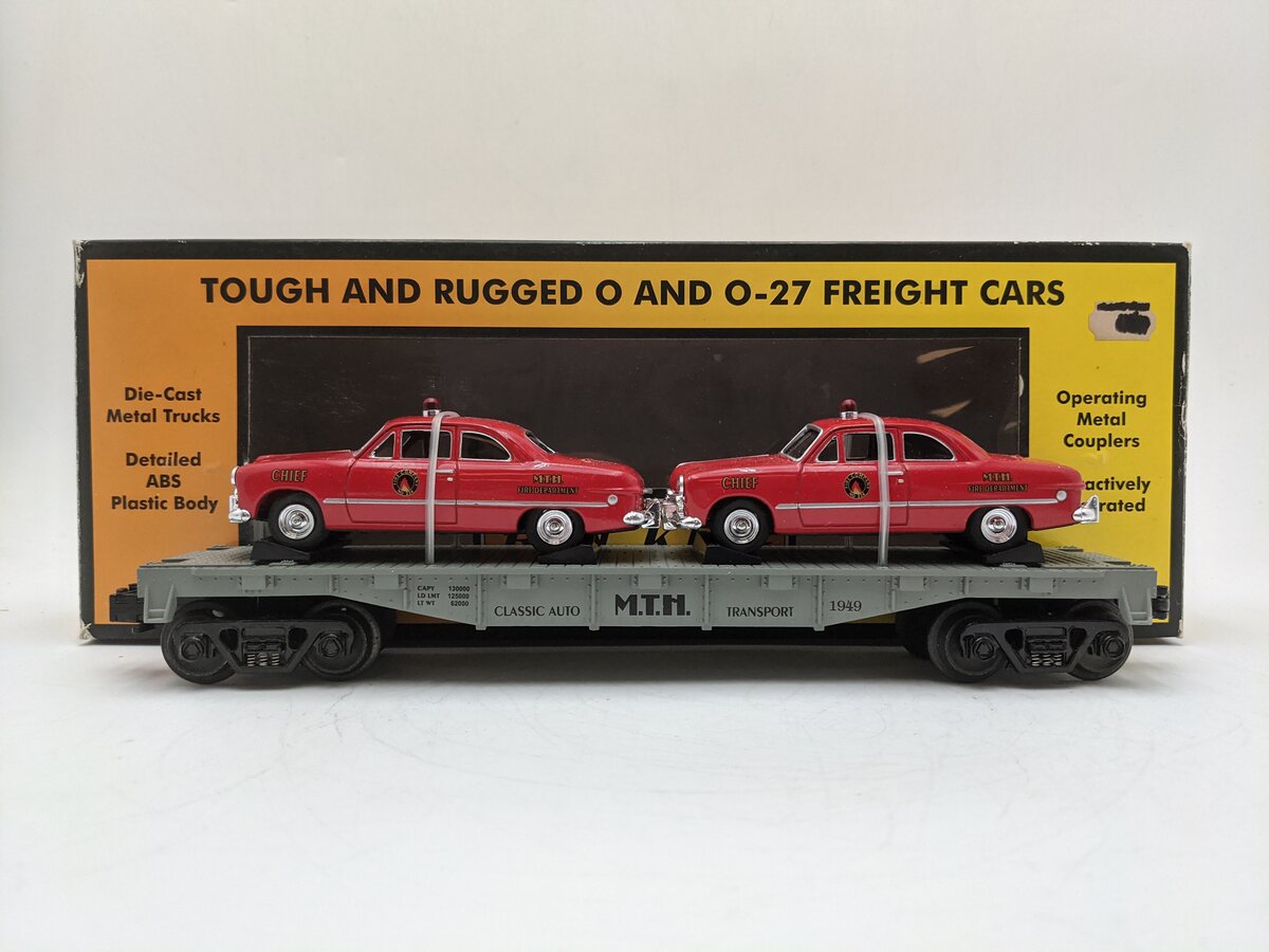 MTH 30-7623 O Gauge MTH Auto Transport Flatcar with 2 Ertl Fire Cars EX/Box