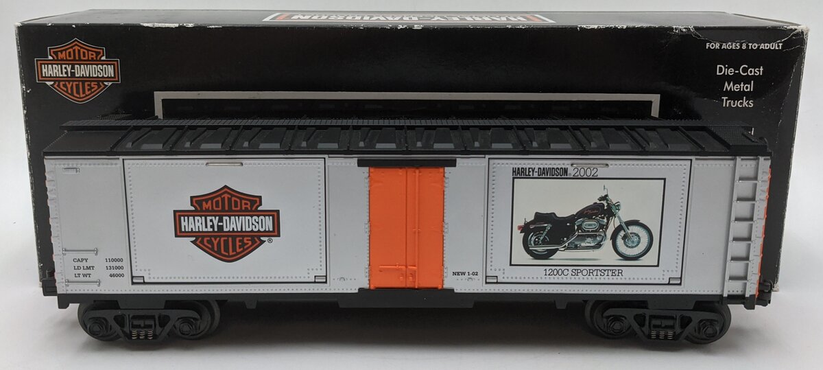 MTH 30-74197 O Gauge Harley-Davidson 40' Window Boxcar #2002 w/ 1200C Sportster EX/Box