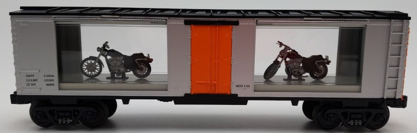 MTH 30-74197 O Gauge Harley-Davidson 40' Window Boxcar #2002 w 1200C Sportster EX/Box