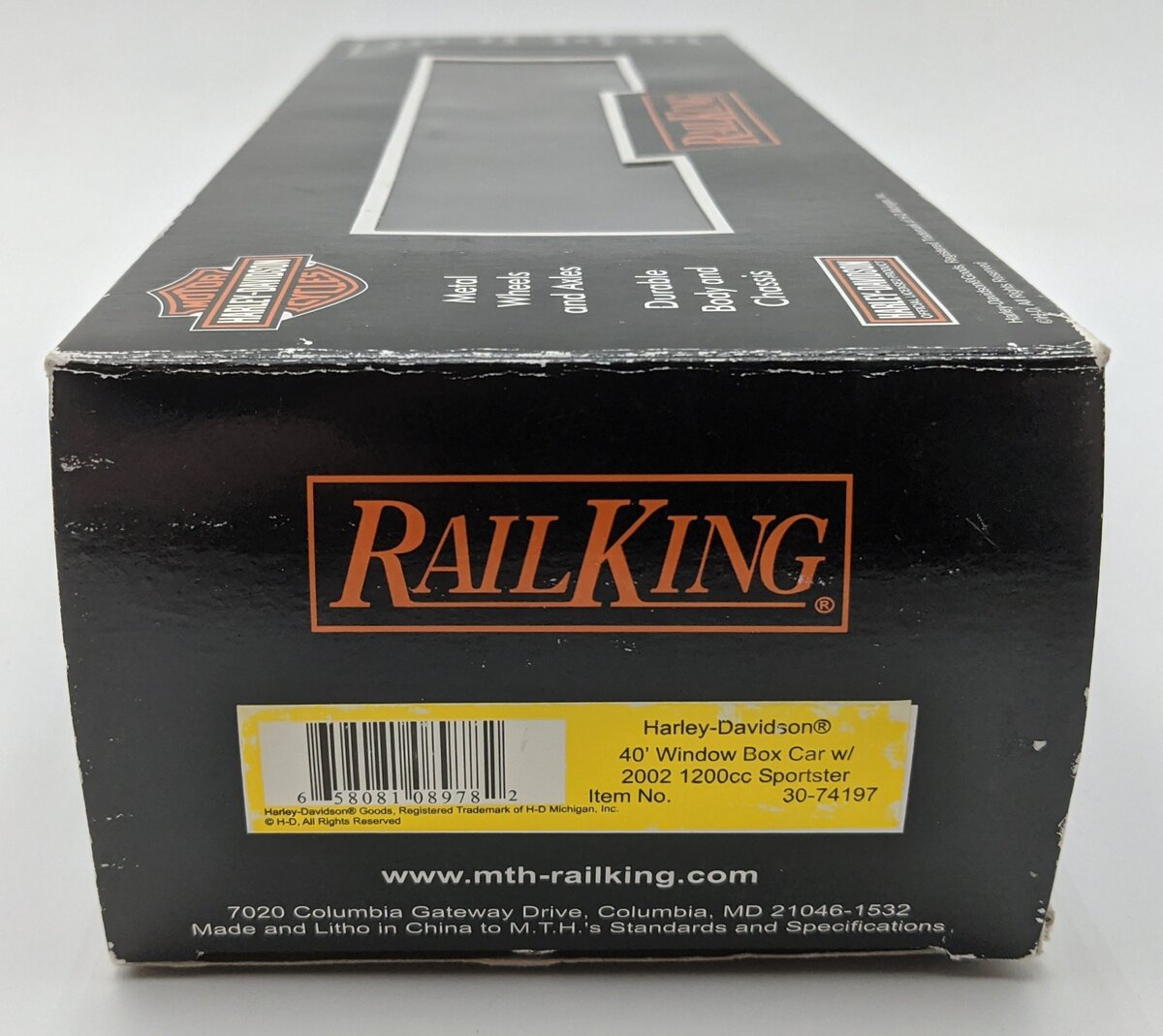 MTH 30-74197 O Gauge Harley-Davidson 40' Window Boxcar #2002 w/ 1200C Sportster EX/Box