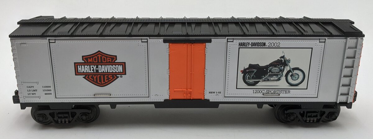 MTH 30-74197 O Gauge Harley-Davidson 40' Window Boxcar #2002 w/ 1200C Sportster EX/Box