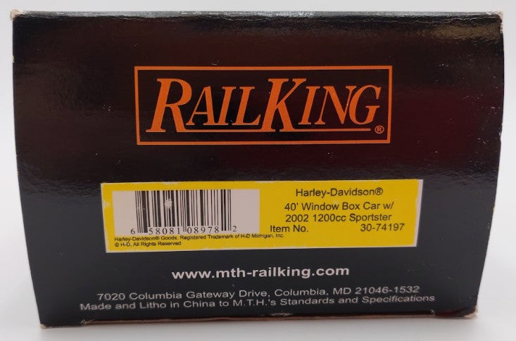 MTH 30-74197 O Gauge Harley-Davidson 40' Window Boxcar #2002 w 1200C Sportster EX/Box