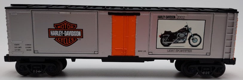 MTH 30-74197 O Gauge Harley-Davidson 40' Window Boxcar #2002 w 1200C Sportster EX/Box