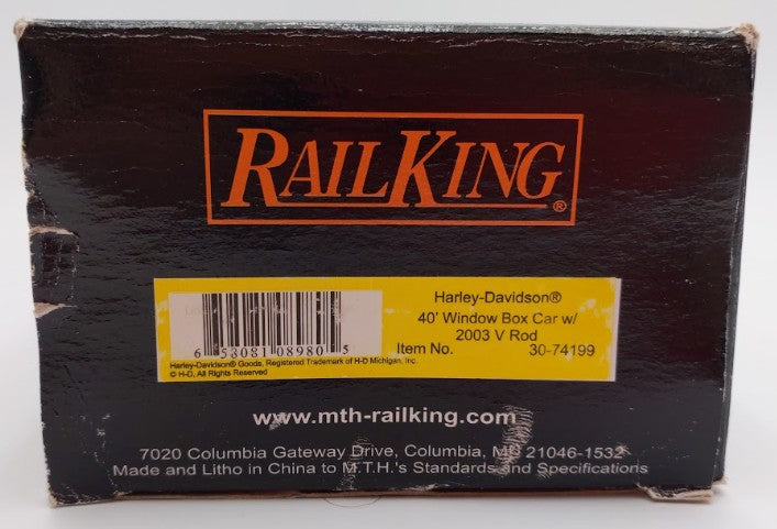 MTH 30-74199 O Gauge Harley 40' Window Boxcar with 2003 V Rods EX/Box