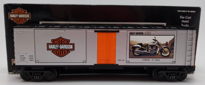 MTH 30-74199 O Gauge Harley 40' Window Boxcar with 2003 V Rods EX/Box
