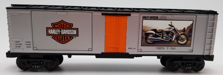 MTH 30-74199 O Gauge Harley 40' Window Boxcar with 2003 V Rods EX/Box