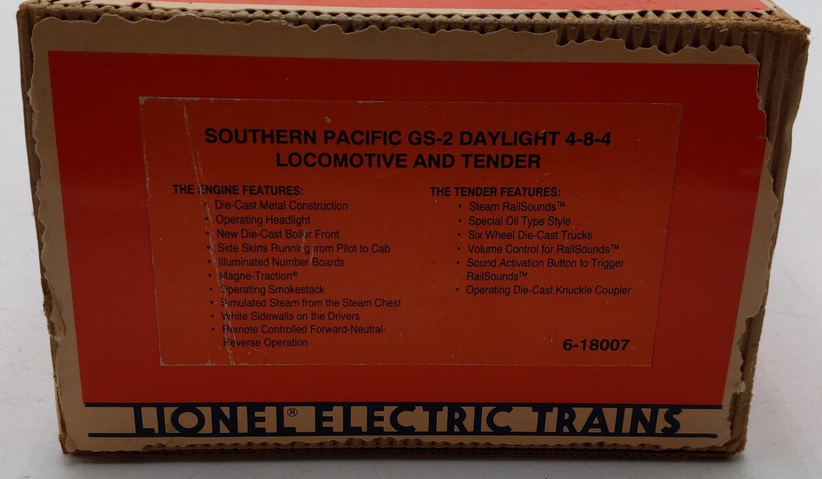 Lionel 6-18007 O Gauge SP Daylight 4-8-4 Steam Locomotive & Tender #4410 w/RS EX/Box