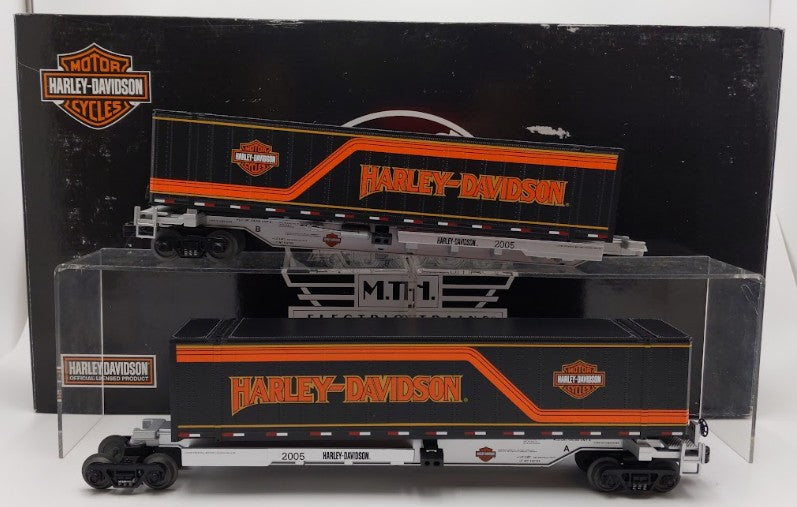 MTH 20-2595B O Gauge Harley-Davidson 2 Car Spine Car Set with 2 48' Containers EX/Box