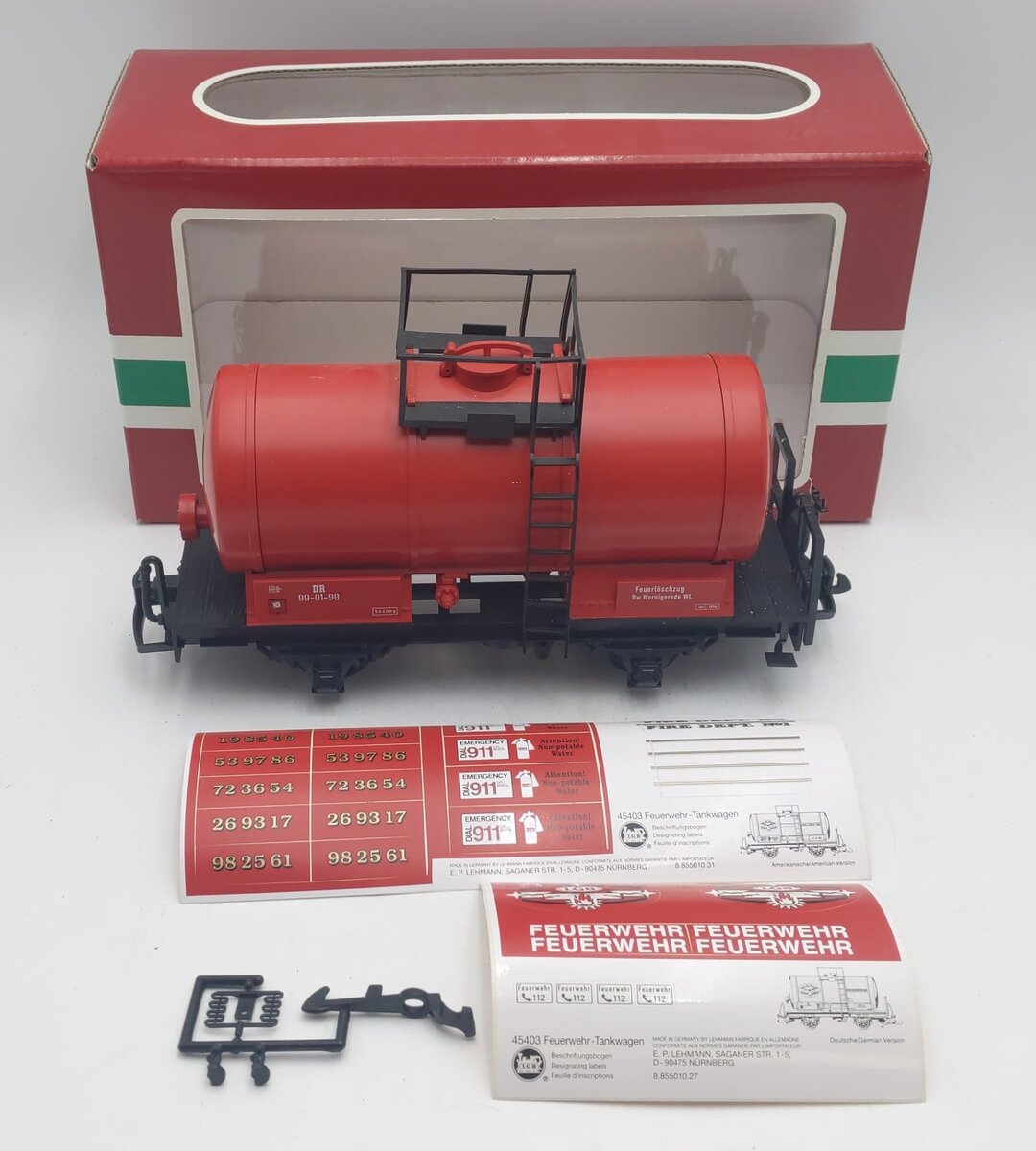 LGB 45403 G Scale DR Fire Department Tank Car - Plastic Wheels EX/Box