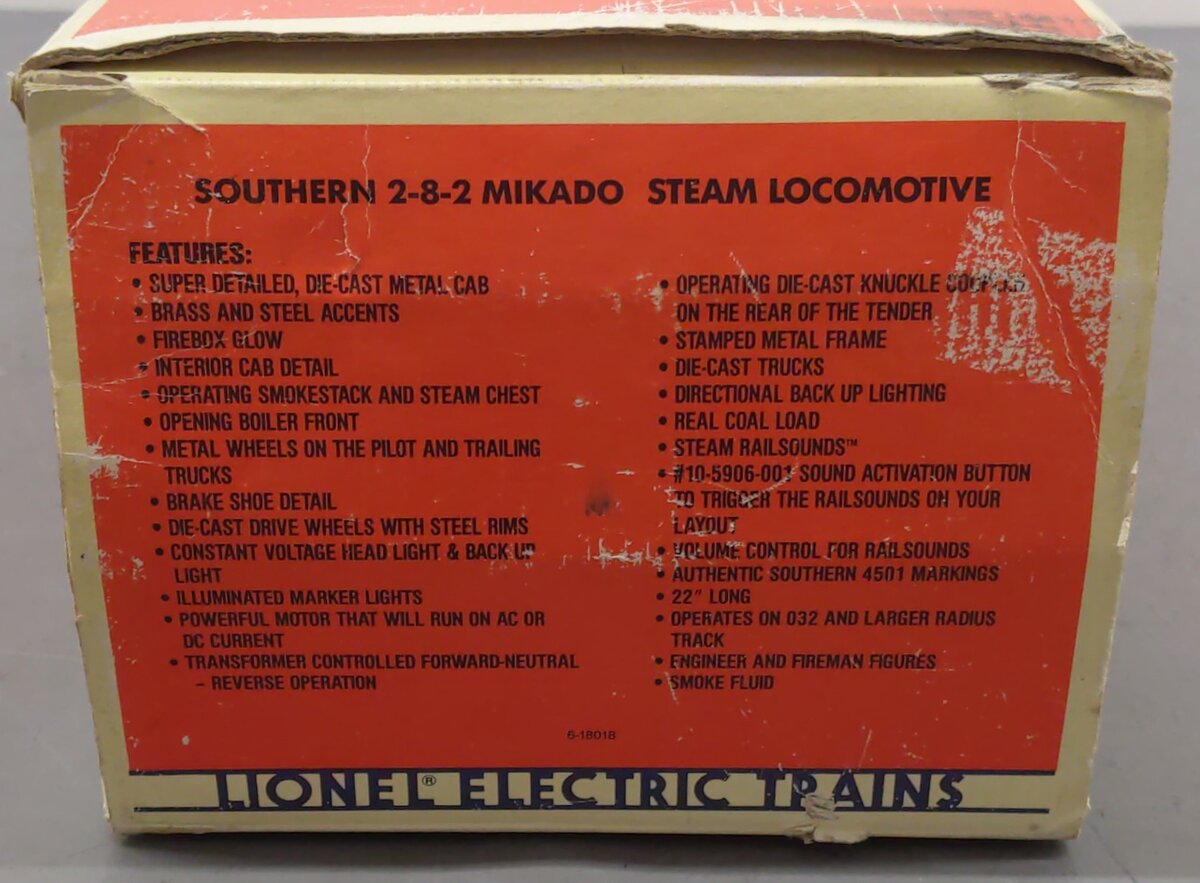 Lionel 6-18018 O Gauge Southern 2-8-2 Mikado Steam Locomotive & Tender #4501 EX/Box