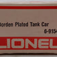 Lionel 6-9154 O Gauge Bordens Plated Gold Tank Car EX/Box