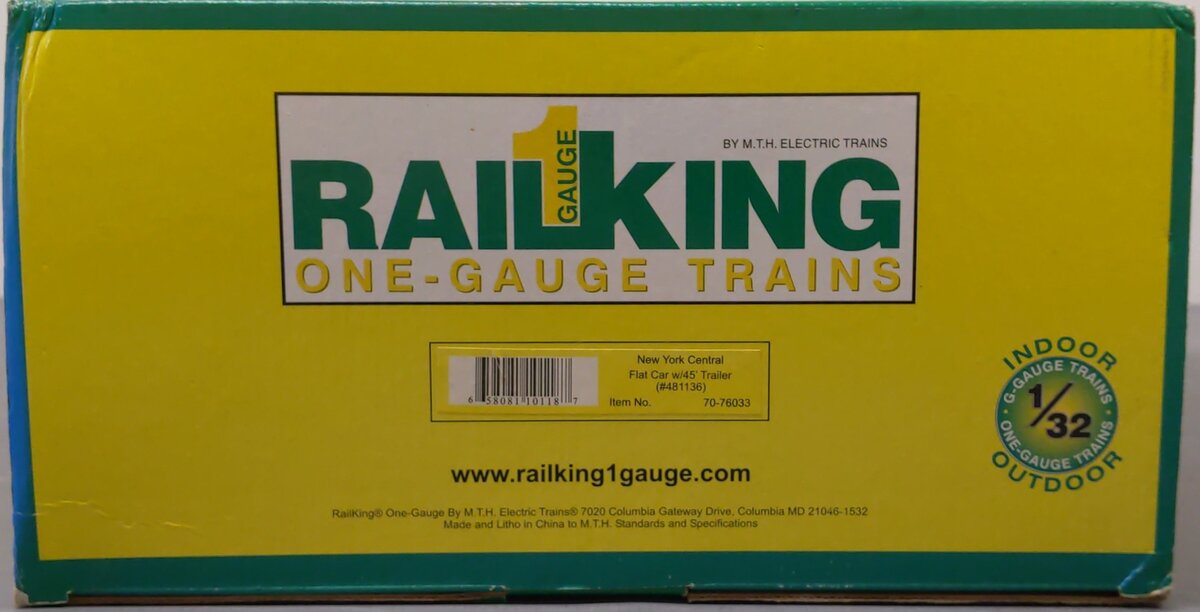 MTH 70-76033 G Scale New York Central Flatcar with 45' Trailer LN/Box