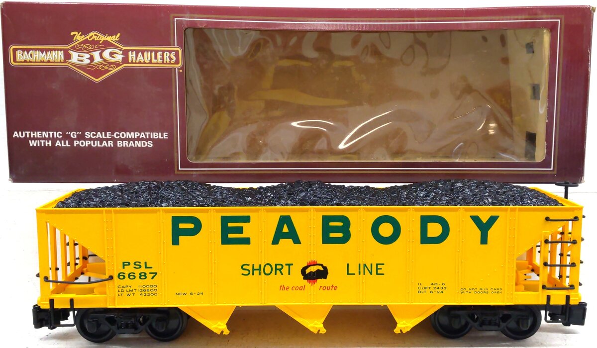 Bachmann 98229 G Scale Peabody 3-Bay Hopper w/ Coal Load #6687 EX/Box