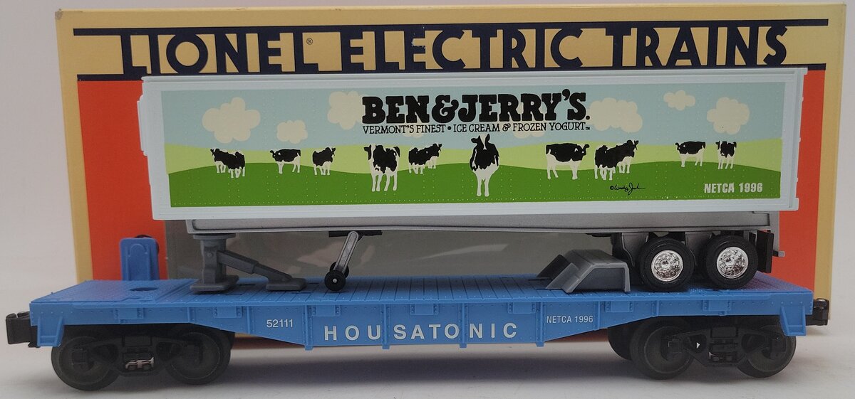 Lionel 6-52111 O Gauge NETCA Housatonic Flatcar w/Ben & Jerry's Trailer EX/Box