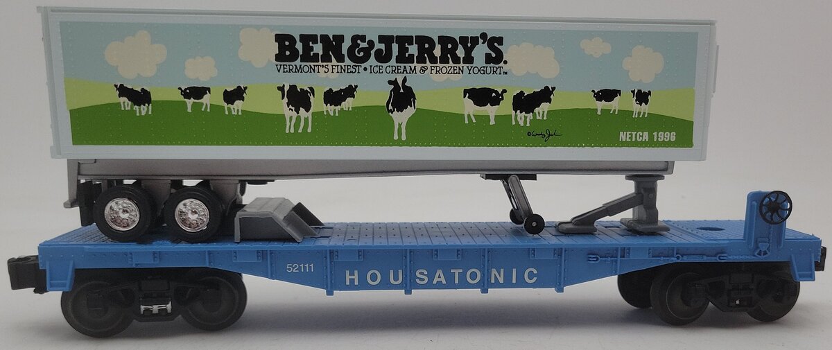 Lionel 6-52111 O Gauge NETCA Housatonic Flatcar w/Ben & Jerry's Trailer EX/Box