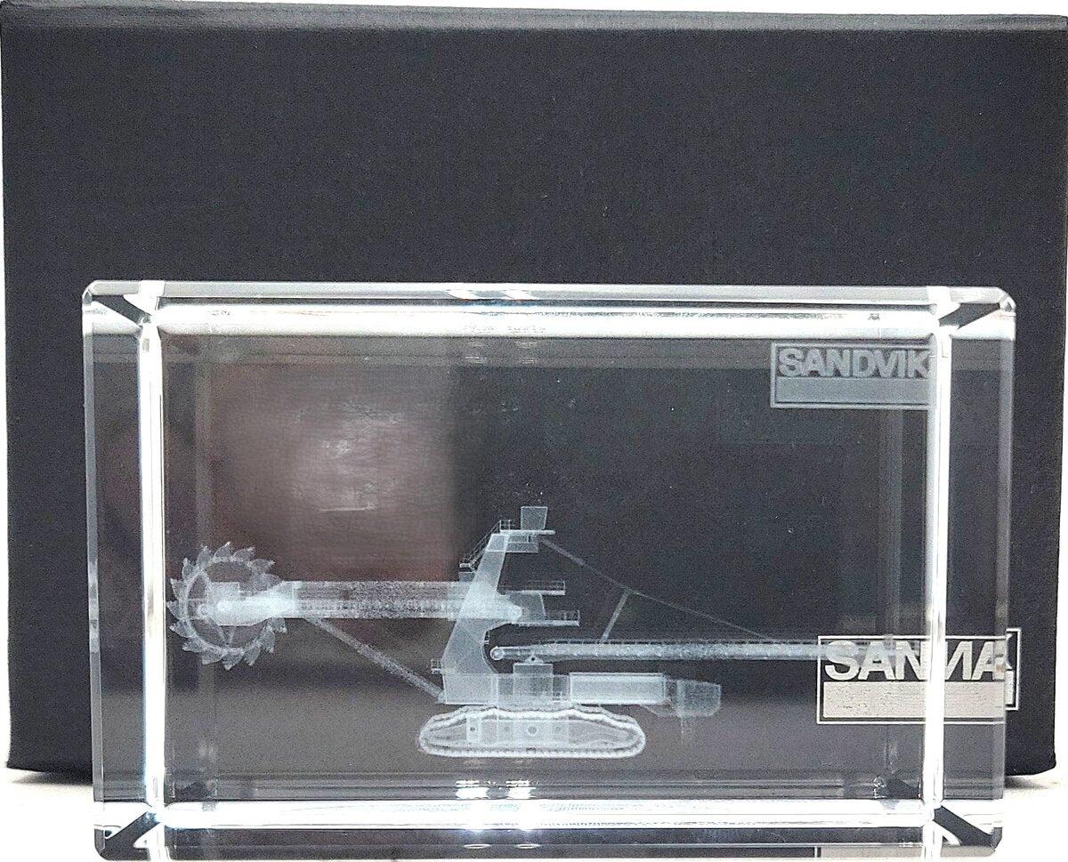 Sandvik Corporate 3D Laser-Etched Bucket Wheel Excavator Crystal Paperweight NIB