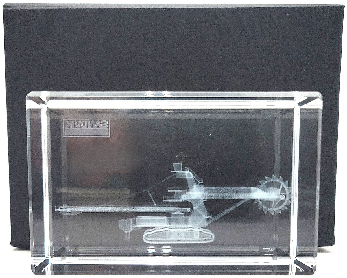 Sandvik Corporate 3D Laser-Etched Bucket Wheel Excavator Crystal Paperweight NIB